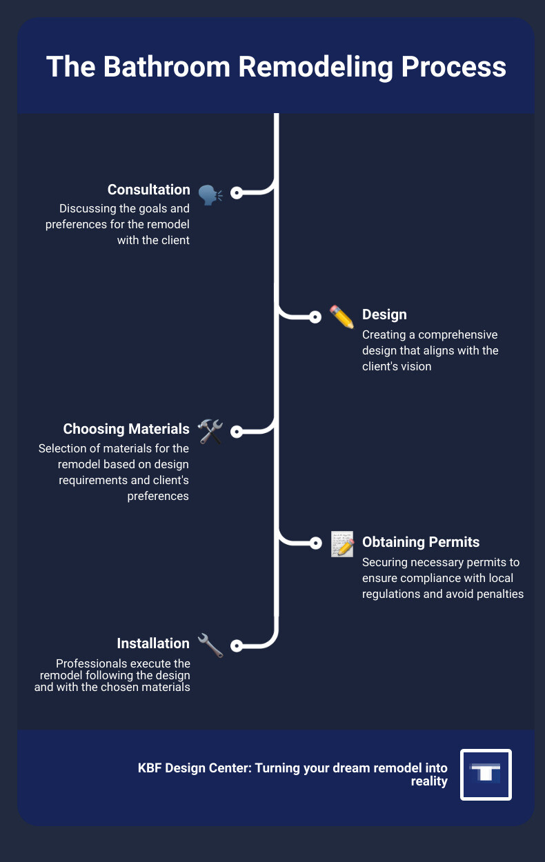 infographic of the bathroom remodeling process, including consultation, design, choosing materials, obtaining permits, and installation infographic infographic