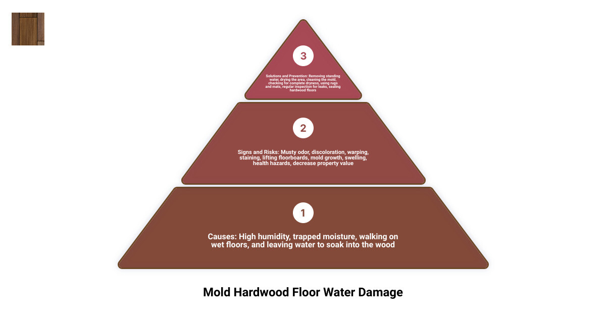 An infographic showing the causes, signs, risks, solutions, and prevention methods for mold hardwood floor water damage infographic