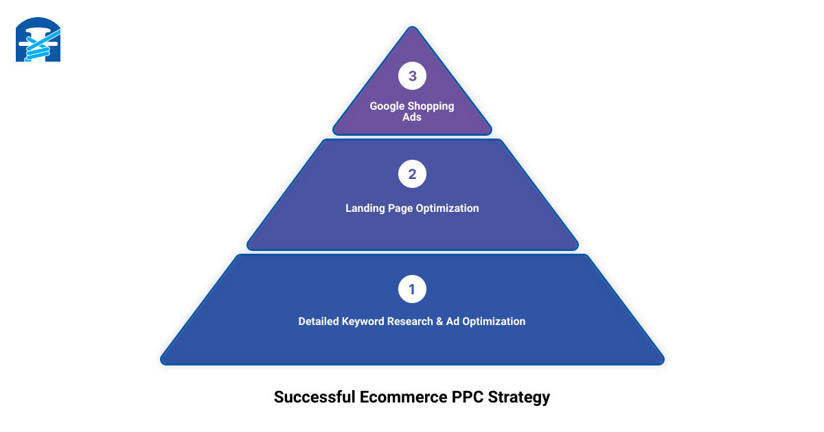 ecommerce PPC infographic showcasing the importance of goal definition, keyword research, ad optimization, landing page optimization, and use of Google Shopping Ads infographic