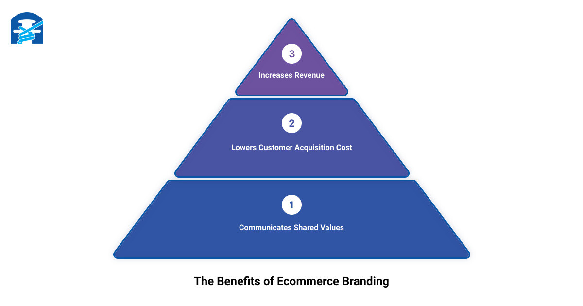 Infographic showing four key benefits of ecommerce branding: revenue increase, customer connection, lower customer acquisition cost, and communication of shared values. infographic